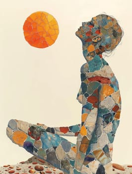 A Man is meditating and sun. Mosaic Art Print. Building yourself from pieces, yoga concept. Ai generated