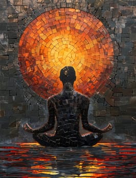 A Man is meditating and sun. Mosaic Art Print. Building yourself from pieces, yoga concept. Ai generated