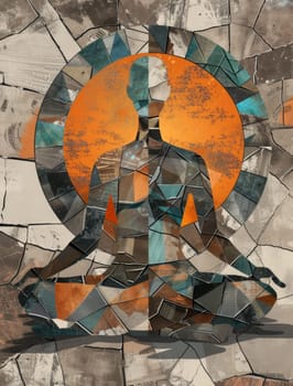 A Man is meditating and sun. Mosaic Art Print. Building yourself from pieces, yoga concept. Ai generated