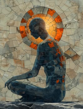 A Man is meditating and sun. Mosaic Art Print. Building yourself from pieces, yoga concept. Ai generated