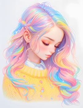 The girl with rainbow hair cheekily sports a bright yellow sweater, showcasing her artistic hairstyle in harmony with her colorful iris and playful eyelashes