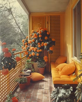 A balcony featuring a cozy yellow couch surrounded by potted plants, creating a vibrant and inviting outdoor space with a touch of natural beauty