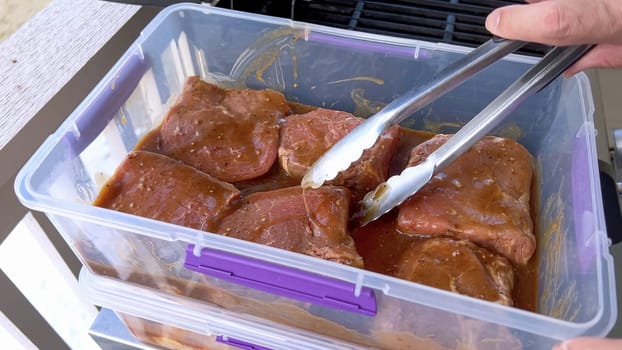 Several thick steaks with grill marks cooking to perfection on an outdoor grill, capturing the essence of a sunny barbecue day.