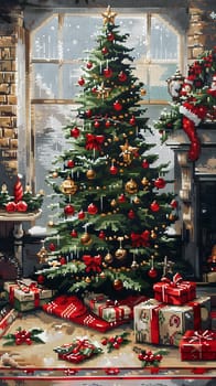 A Christmas tree in the living room is adorned with red and gold holiday ornaments, enhancing the beauty of the evergreen larch woody plant
