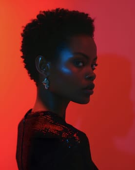 A closeup of a womans face with Afro black hair, Jheri curl, bold eyebrows, against an electric blue background, showcasing artistic fashion design and creativity