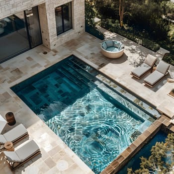 Aquafilled rectangular swimming pool surrounded by composite material chairs overlooking a fluid property with plants, a view from above