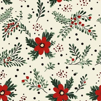 Seamless pattern, tileable Christmas holiday floral country dots print, English countryside flowers for wallpaper, wrapping paper, scrapbook, fabric and product design motif