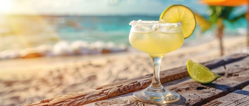 A glass of margarita with a lime wedge on top is on a beach.