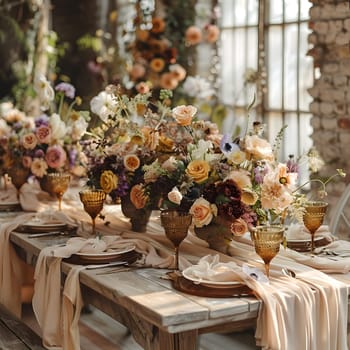 A beautifully arranged table with stunning flower arrangements in vases, elegant tableware, and a colorful array of plates and glasses