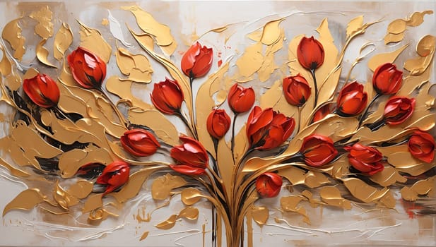 Colorful floral arrangement of flowers using red and yellow acrylic paints