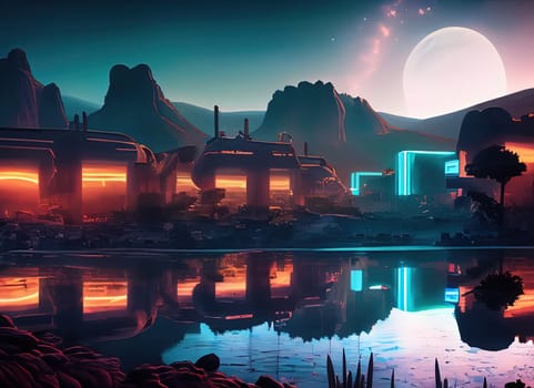 Futuristic city at night with moon and reflection in the water. Generative AI.