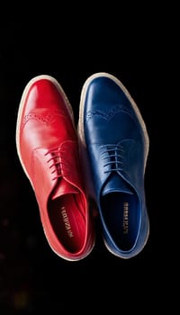 A pair of men's shoes in red and blue color on transparent background