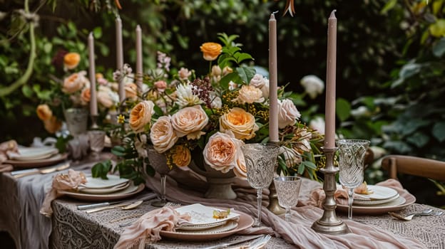 Beautifully set table for a garden party, adorned tablescape with vibrant floral arrangements, under the shade of blossoming rose bushes, inviting a sense of elegance and natural charm