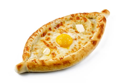 Adjarian khachapuri with egg and cheese on a white background isolate
