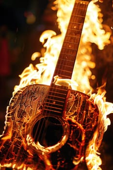 guitar on fire isolated on black background