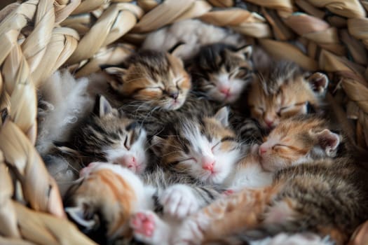 A basket overflowing with fluffy newborn kittens curled up together, fast a sleep