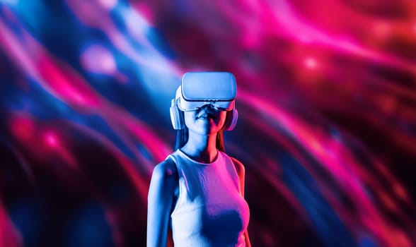 Smart female standing surrounded by neon light wearing VR headset connecting metaverse, future cyberspace community technology. Elegant woman looking faraway and smiling satisfactorily. Hallucination.