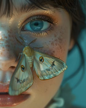 A detailed closeup shot of a womans face with a green moth perched on her eyebrow, showcasing the unique beauty and delicate features of both the insect and the human subject