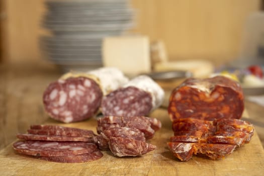 variety of salamis on a cutting board with slices of them already sliced