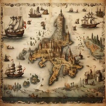 Vintage World Map on an Old Stained Parchment. Antique Old Map with Painted Ships.