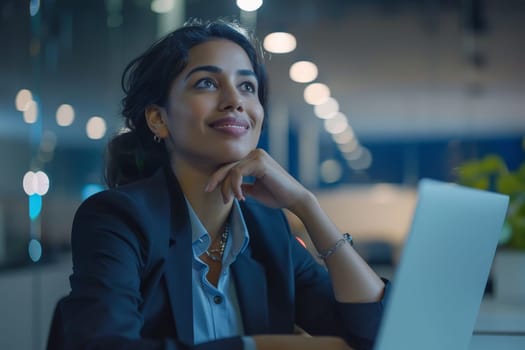 A woman in a business suit is sitting at a desk with a laptop in front of her. She is smiling and looking at the screen, possibly working or browsing the internet. Concept of productivity and focus