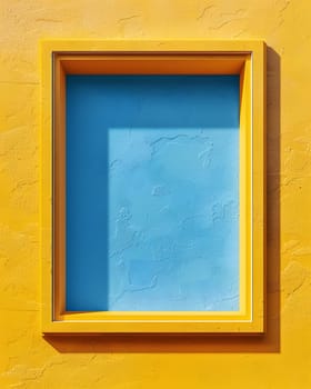 The yellow wall was painted with azure tint, contrasting with the blue window fixture. The rectangular piece of art added a touch of grey to the wooden material property