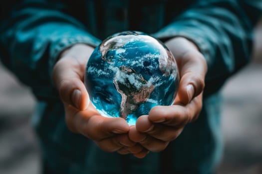 A person is holding a globe in their hands. The globe is blue and has a clear surface. The person is holding the globe with a sense of wonder and curiosity, as if they are exploring the world