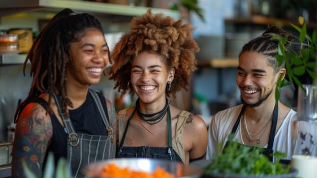 Three people are smiling and laughing while preparing food in a kitchen. The kitchen is filled with various plants and fruits, including oranges and green vegetables. The atmosphere is cheerful AI generated