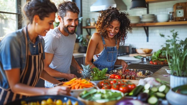 Three people are smiling and laughing while preparing food in a kitchen. The kitchen is filled with various plants and fruits, including oranges and green vegetables. The atmosphere is cheerful AI generated