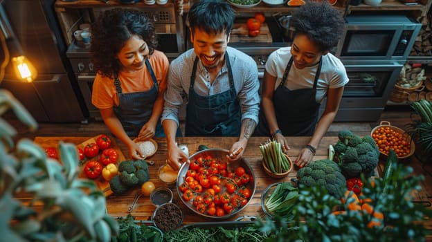 Three people are in a kitchen, preparing food. The man is smiling and holding a bowl of tomatoes. The women are also smiling and working on the food. The kitchen is filled with various vegetables