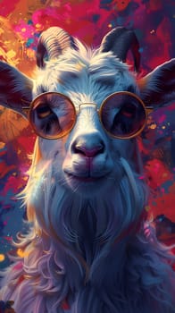 An organism with a goats snout wearing sunglasses and headphones in an artistic closeup. The fictional character is depicted with an electric blue mask in a wildlifeinspired event