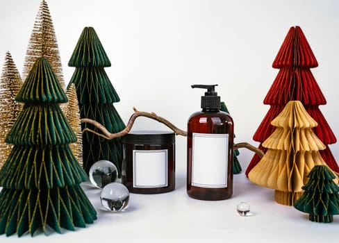 dark jar with lid and dispenser on the background of Christmas decorations