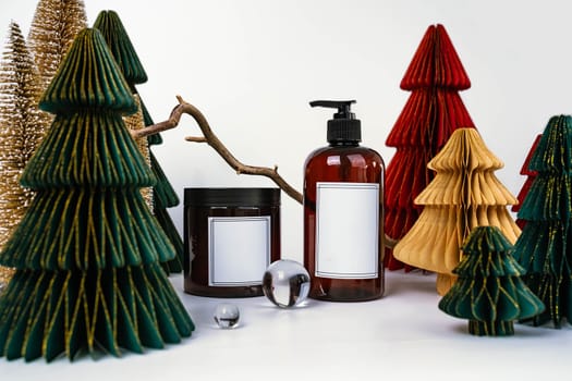 dark jar with lid and dispenser on the background of Christmas decorations