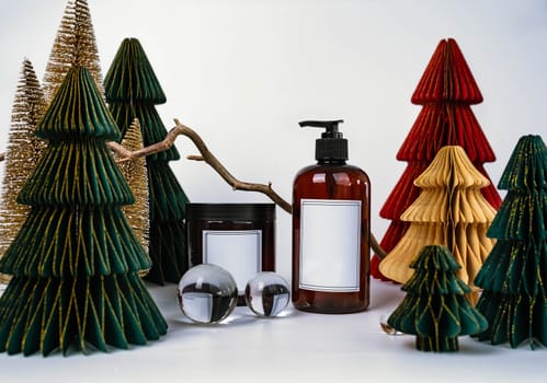 dark jar with lid and dispenser on the background of Christmas decorations