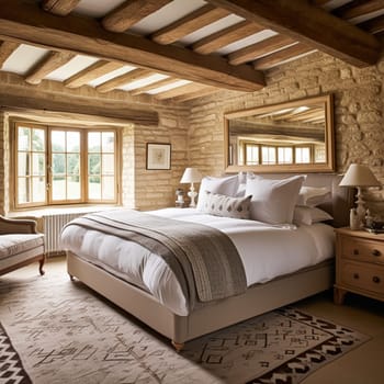 Cottage style bedroom decor, interior design and home decor, bed with elegant bedding and bespoke furniture, English country house or holiday rental interiors