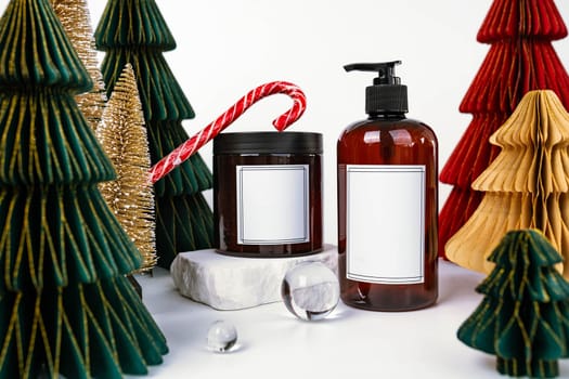 dark jar with lid and dispenser on the background of Christmas decorations