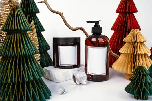 dark jar with lid and dispenser on the background of Christmas decorations