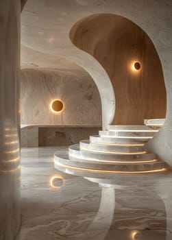 A wooden staircase in a building features a circular light fixture on the wall, creating a symmetrical and artistic composition of metal and composite materials