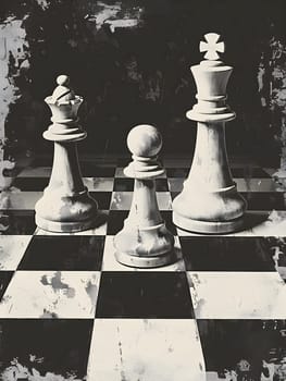 A monochrome still life photo featuring three chess pieces on a chessboard. Indoor game and sports equipment creating a classic tabletop game scene