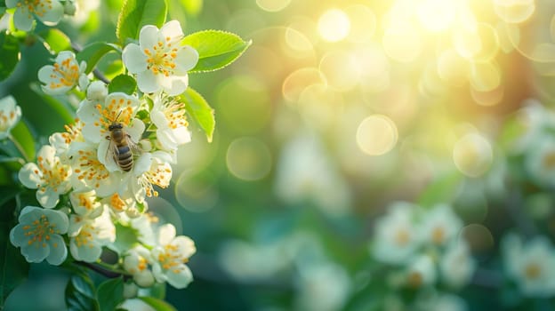 In summer, a honey bee collects nectar from the flowers of fruit trees in the garden. International Bee Day. AI generated.