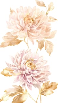 An art piece depicting a bouquet of two peachcolored flowers with gold leaves on a white background, showcasing the beauty of the flowering plant