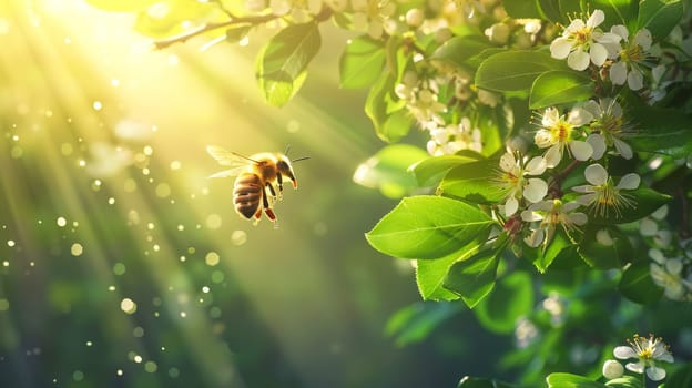 In summer, a honey bee collects nectar from the flowers of fruit trees in the garden. International Bee Day.