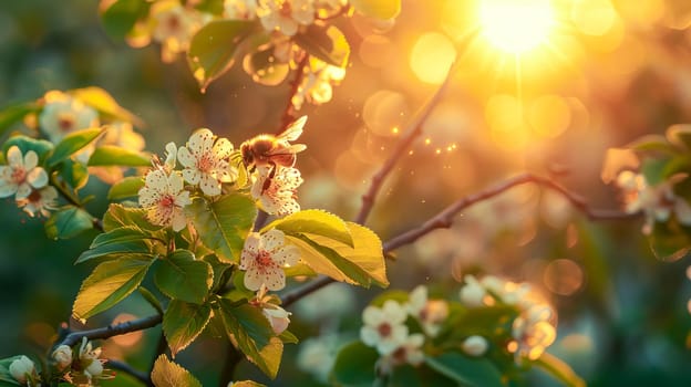 In summer, a honey bee collects nectar from the flowers of fruit trees in the garden. International Bee Day.