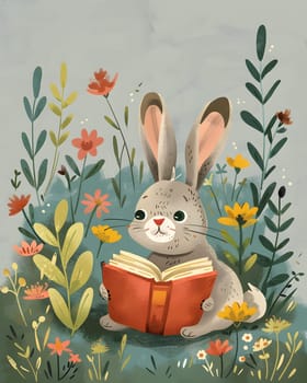 A hare is immersed in a book amidst a field of vibrant flowers, inspired by natures beauty for his next painting in the creative arts