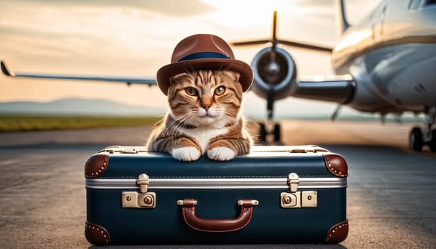 Traveler cat at airport, private jet awaits. Cat adorned with stylish hat sits atop suitcase, evoking sense of companionship in travel