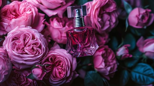 Perfume bottle in flowers, fragrance on blooming background, floral scent and cosmetic product idea