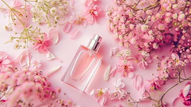 Perfume bottle in flowers, fragrance on blooming background, floral scent and cosmetic product idea