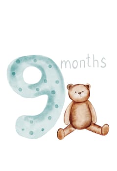 Baby months card with number 9.Cute metric hand drawing with birth month and teddy bear. Clip art isolated on white background. For newborns up to one year in boho style. Children's Monthly Milestone Card
