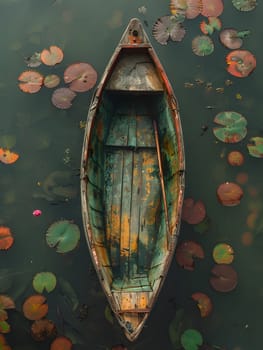 An elegant painting of a wooden boat surrounded by water lilies, featuring intricate patterns and oval shapes, resembling a beautiful piece of body jewelry or ornament