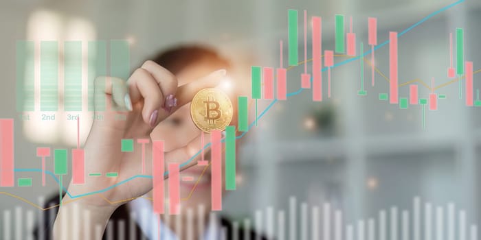 Businesswoman, investor, trade hold bitcoin convenient payment in global economy market. Virtual digital currency and financial investment trade concept. cryptocurrency.